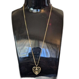 Gold Tone Art Deco Sunburst Open Heart Pendant Necklace